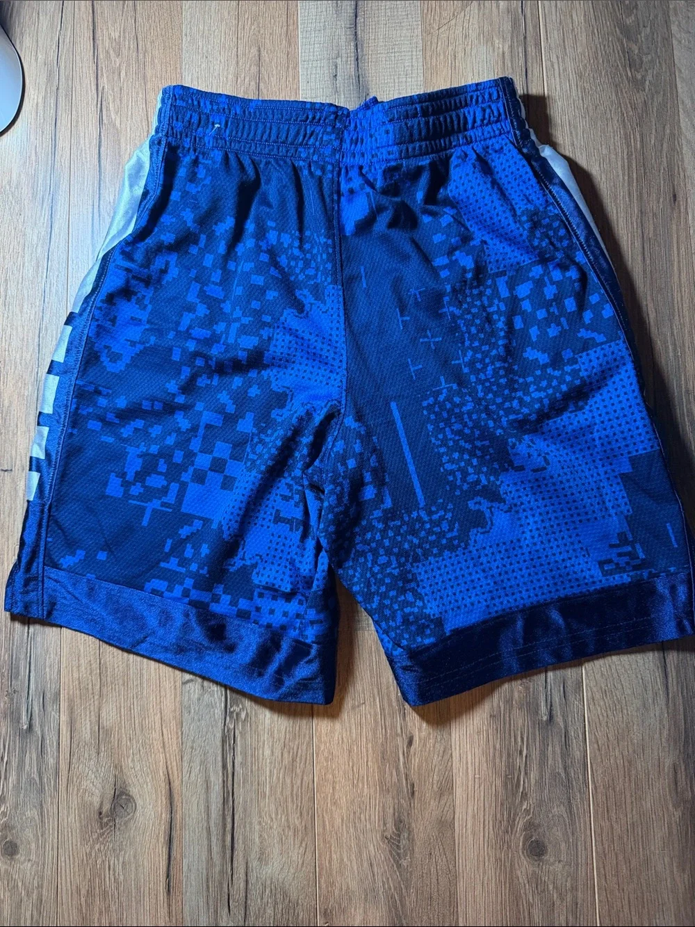Nike Boys Royal Blue Pixel-Print Athletic Shorts with White Swoosh